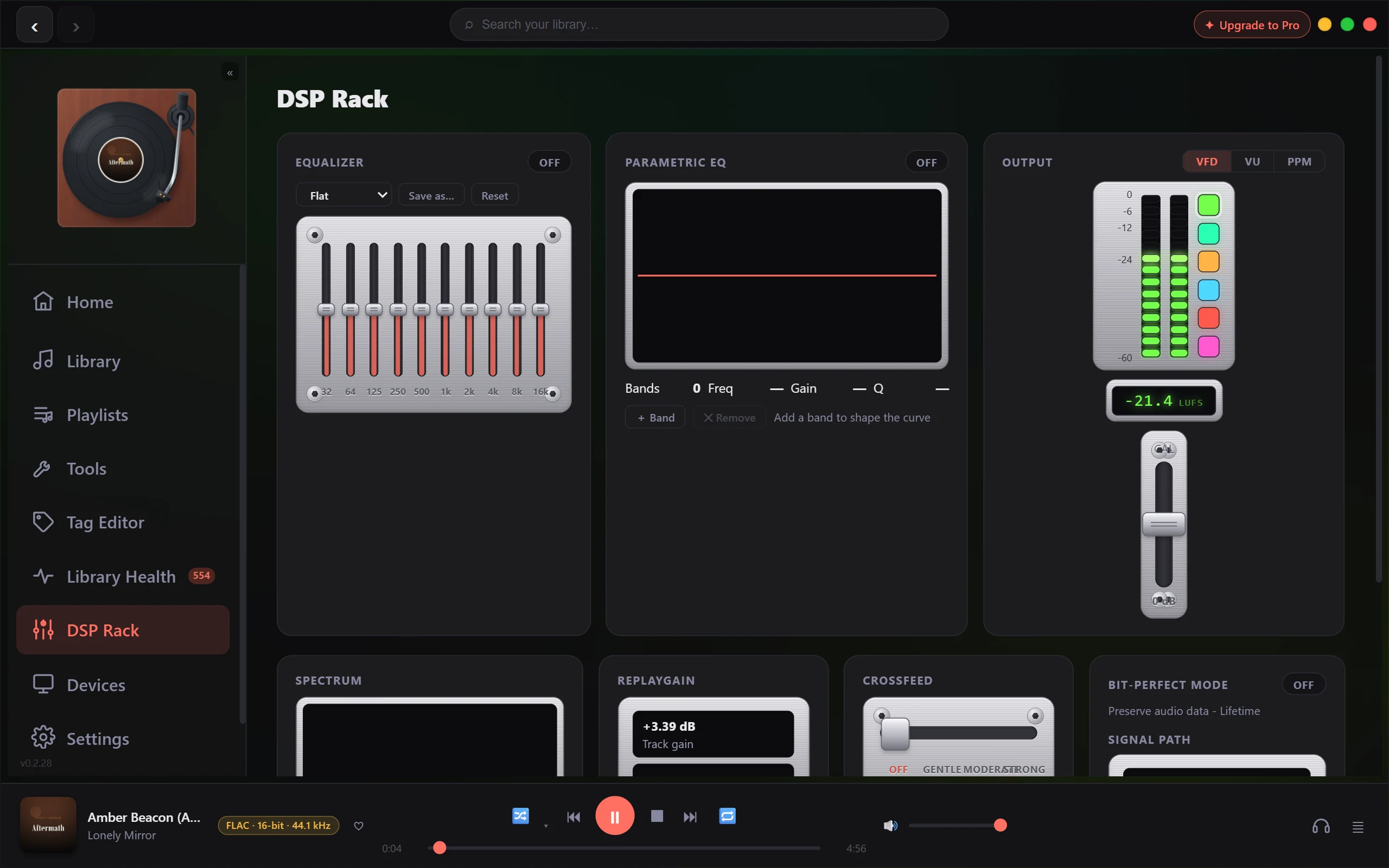 The DSP Rack with a track playing. Across the top sit three panels: Equalizer, switched OFF, with the Flat preset chosen and its ten sliders level; Parametric EQ, also OFF, with an empty graph and Bands 0; and Output, with VFD chosen, both meter bars lit to about -24 and a readout of -21.4 LUFS. A second row starts along the bottom edge and is cut off by the frame, so only the tops of the Spectrum, ReplayGain, Crossfeed and Bit-Perfect Mode panels are in view: the Spectrum display is blank, ReplayGain reads +3.39 dB track gain, and the Crossfeed slider sits at OFF. The player bar below shows Amber Beacon by Lonely Mirror, FLAC 16-bit 44.1 kHz, at 0:04 of 4:56.