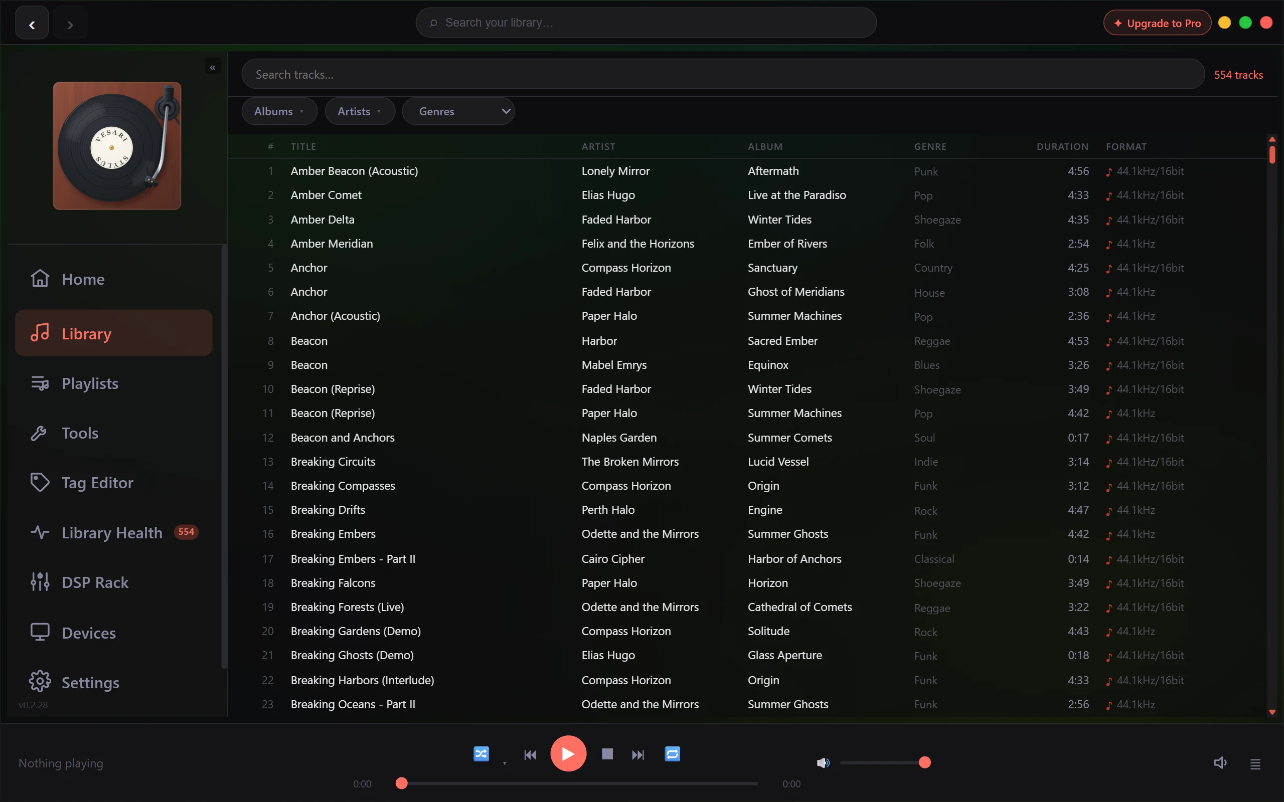 The Library page after a scan, listing tracks with columns for title, artist, album, genre, duration and format, and a track count in the top right.