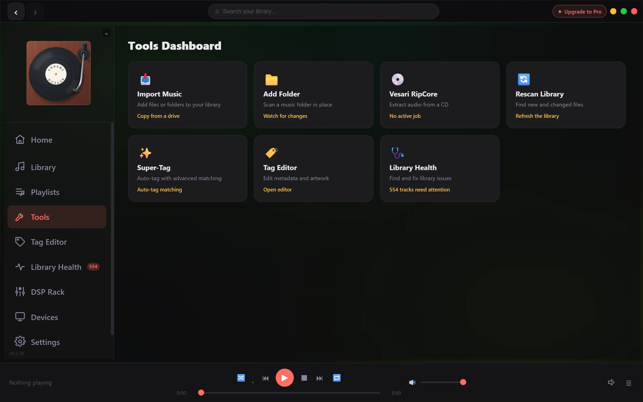 The Tools Dashboard, with cards for Import Music, Add Folder, Vesari RipCore, Rescan Library, Super-Tag, Tag Editor and Library Health. Add Folder is described as scanning a music folder in place.