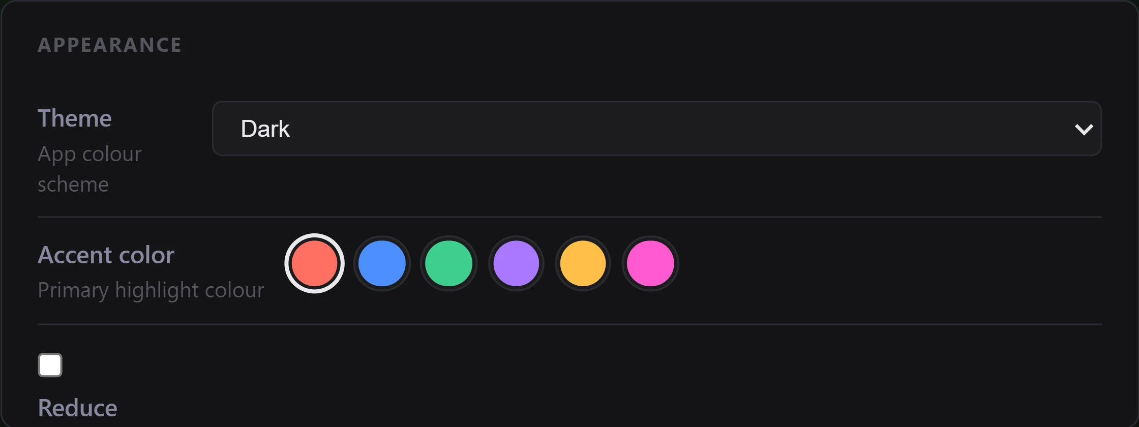 The Appearance group on the Settings General tab. Theme is a closed dropdown reading Dark, Accent color is a row of six round swatches, coral, blue, green, violet, gold and magenta, with the coral one ringed in white to show it is selected, and under them sits an unticked checkbox whose label the crop cuts off after the word Reduce.