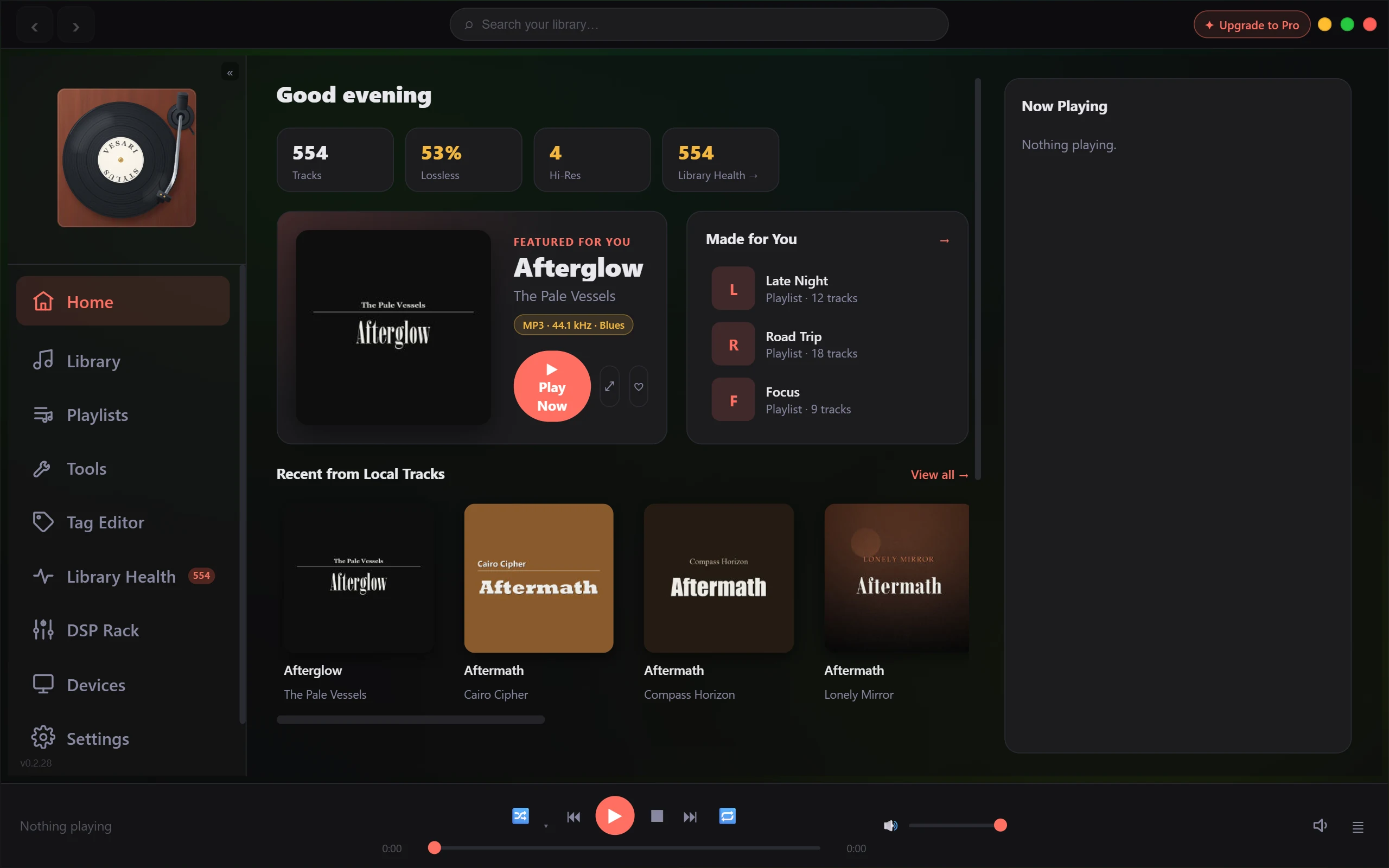 The Vesari Stylus window on the Home page, showing the title bar and search across the top, the nine-item navigation rail down the left, a featured album and library statistics in the middle, and the transport controls along the bottom.