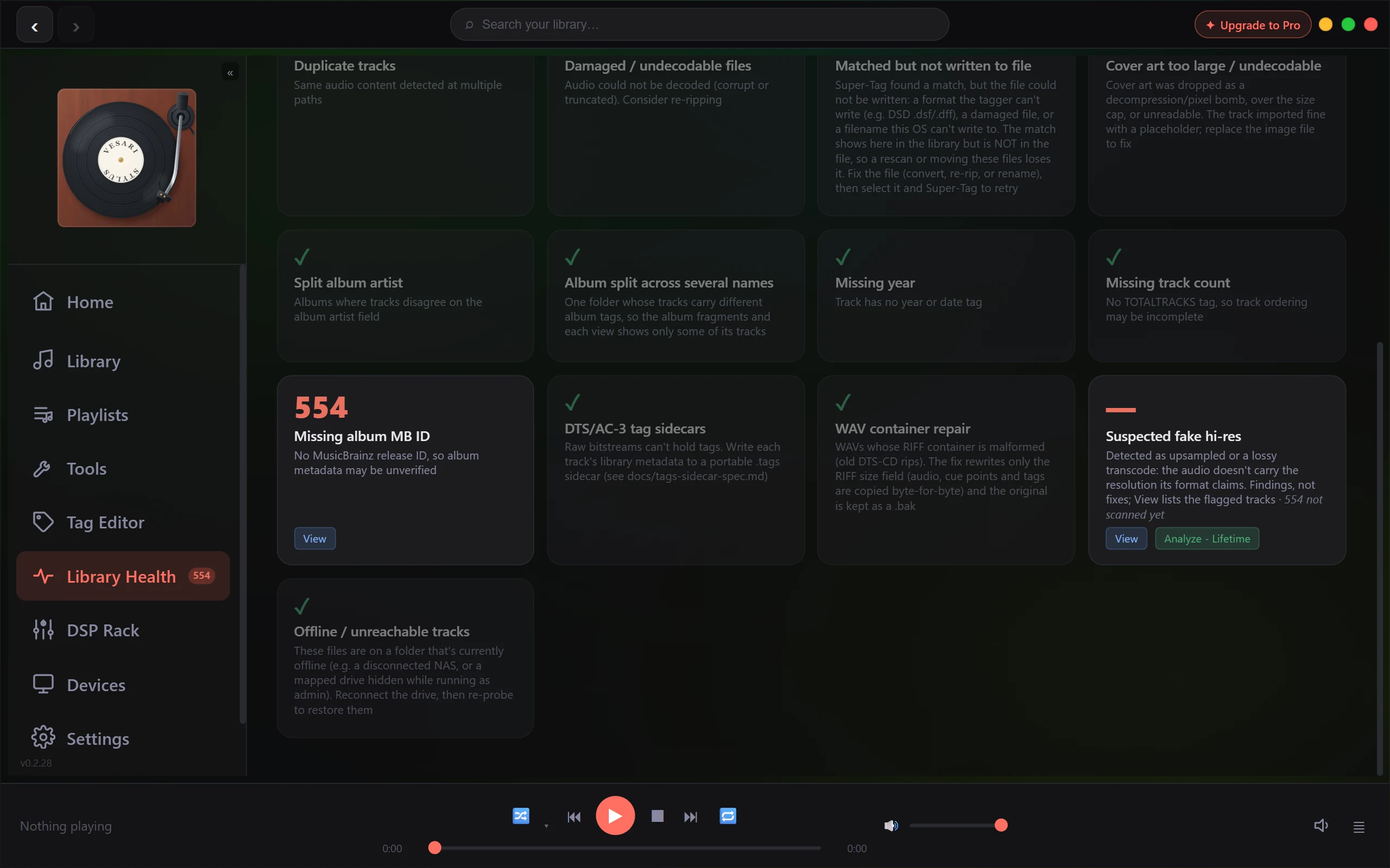The lower part of the Library Health grid, scrolled so the page header is out of frame. Each card names one category. Only Missing album MB ID carries a count, 554, with a View button. Suspected fake hi-res shows a dash and the note 554 not scanned yet above its View and Analyze - Lifetime buttons. The rest, among them Split album artist, Missing year, Missing track count and Offline / unreachable tracks, show a green tick. The sidebar badge beside Library Health reads 554.