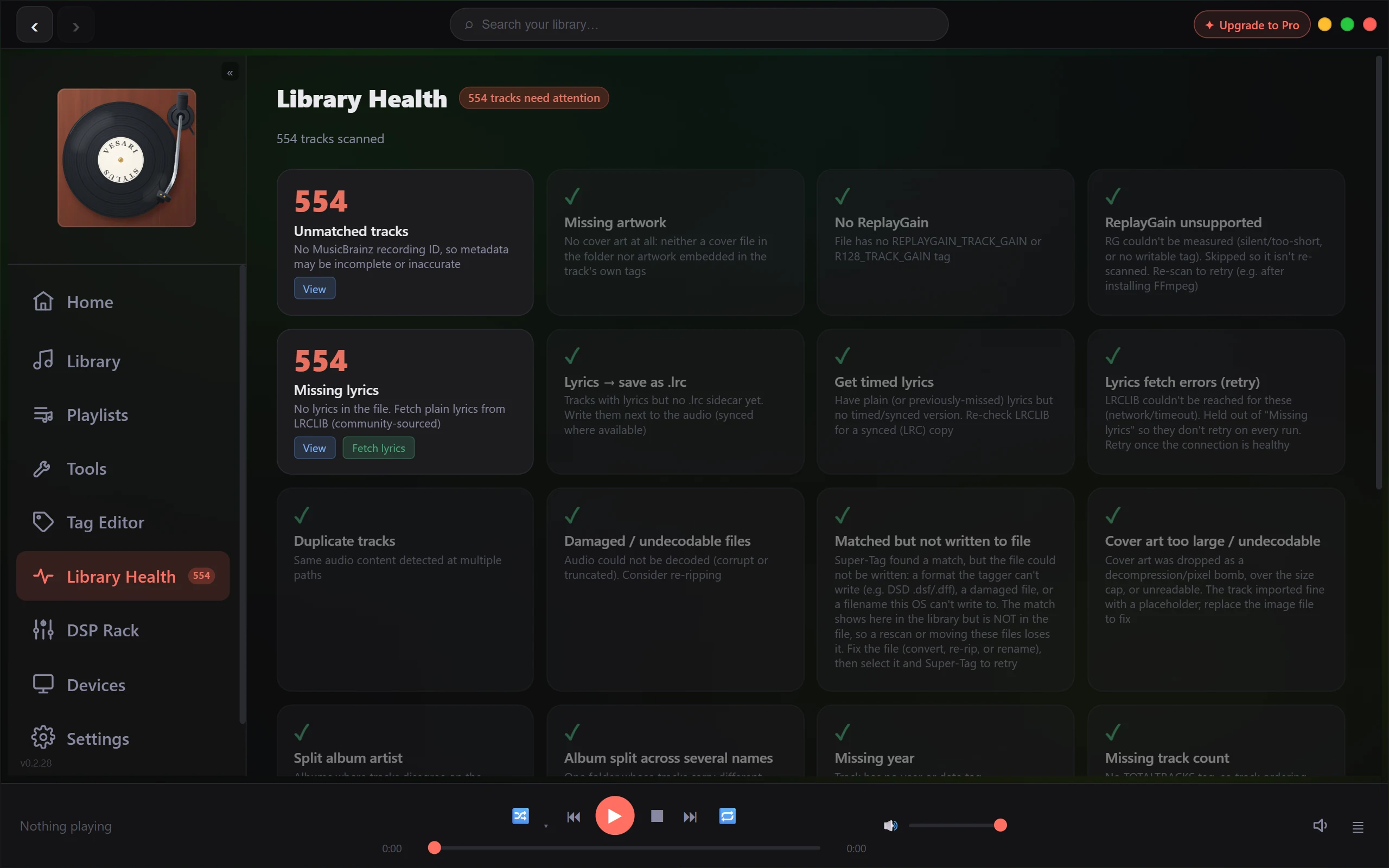 The Library Health page after a scan. The header reads Library Health with a badge of 554 tracks need attention, and 554 tracks scanned below it. The categories sit in a grid of cards. Unmatched tracks and Missing lyrics each show a count of 554 with a View button, and every other card in view, among them Missing artwork, No ReplayGain, Duplicate tracks and Damaged / undecodable files, shows a green tick.