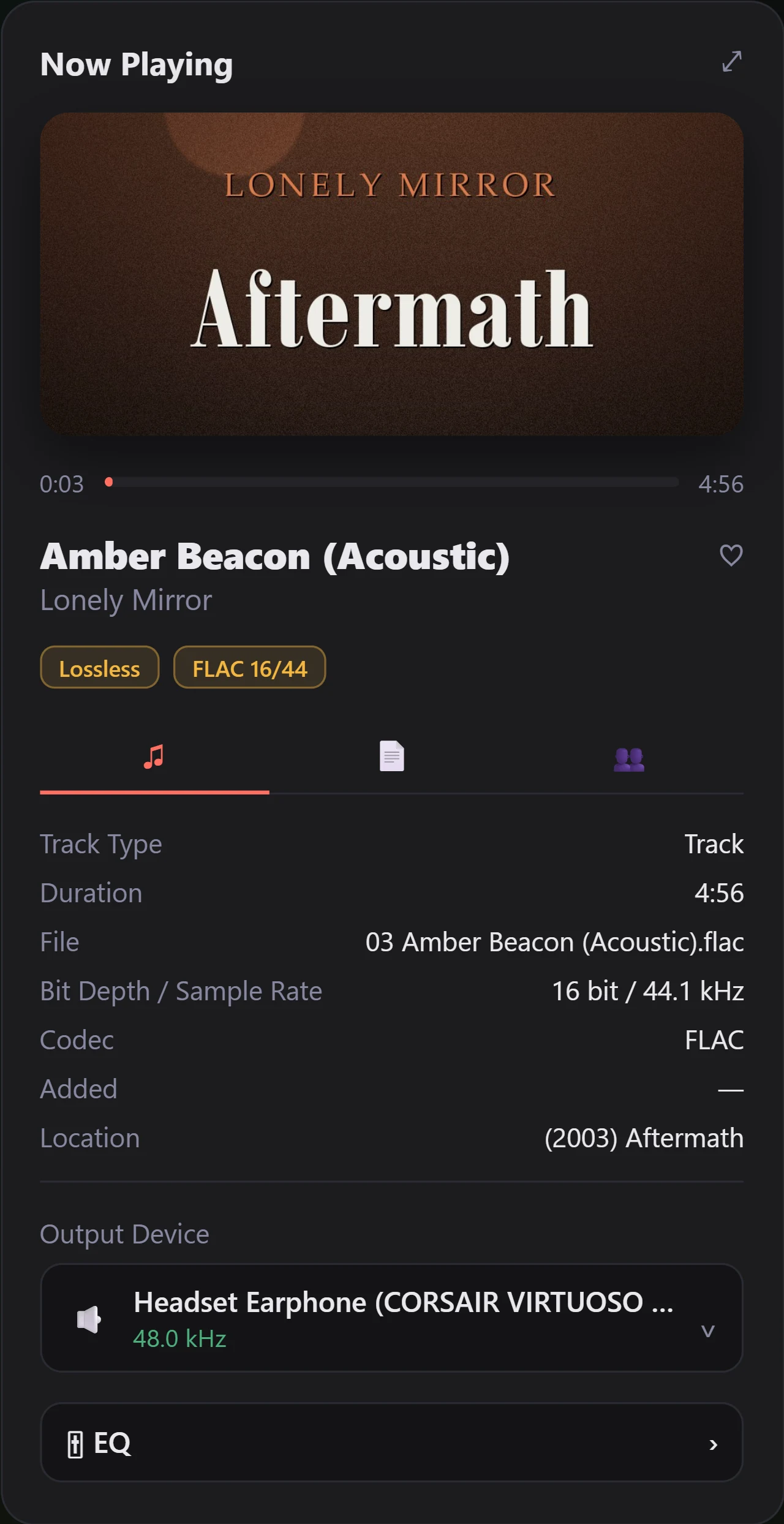 The Now Playing column with a track playing: cover art, a progress bar reading 0:03 of 4:56, the title Amber Beacon (Acoustic) by Lonely Mirror with a heart beside it, badges reading Lossless and FLAC 16/44, and three icon-only tabs with the first one selected. The Track tab below lists track type, duration, file name, 16 bit / 44.1 kHz, codec FLAC, a dash against Added, and the folder. At the foot, under the heading Output Device, a button naming the headset in use with 48.0 kHz under the name, then an EQ button.