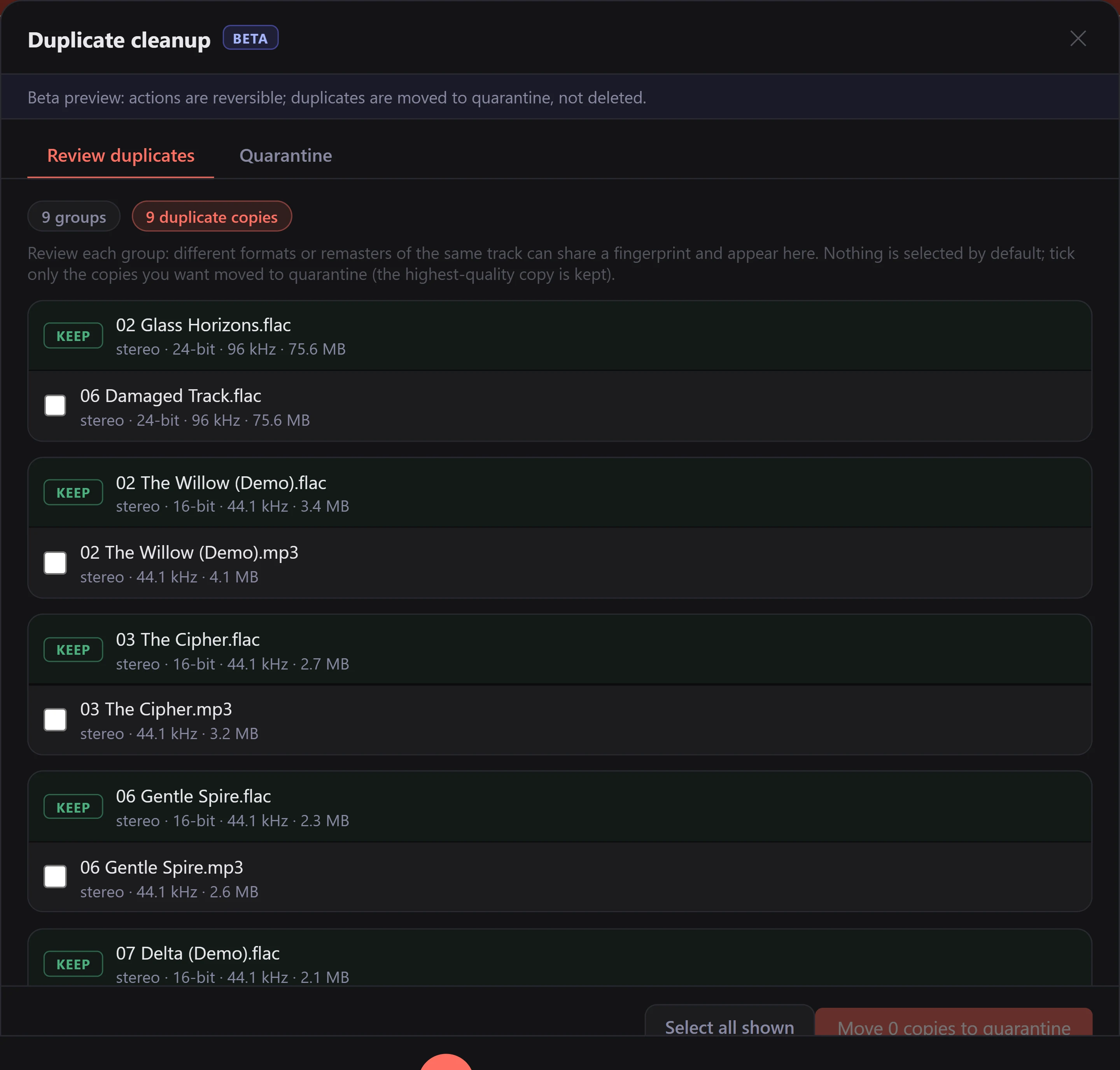 The Duplicate cleanup window on its Review duplicates tab, labelled BETA, with a banner saying actions are reversible and duplicates are moved to quarantine, not deleted. Chips above the list read 9 groups and 9 duplicate copies. Each group shows a row badged KEEP above one copy with an empty tick box, and a line of specifications under every filename, such as stereo, 24-bit, 96 kHz, 75.6 MB. The buttons at the foot read Select all shown and Move 0 copies to quarantine.