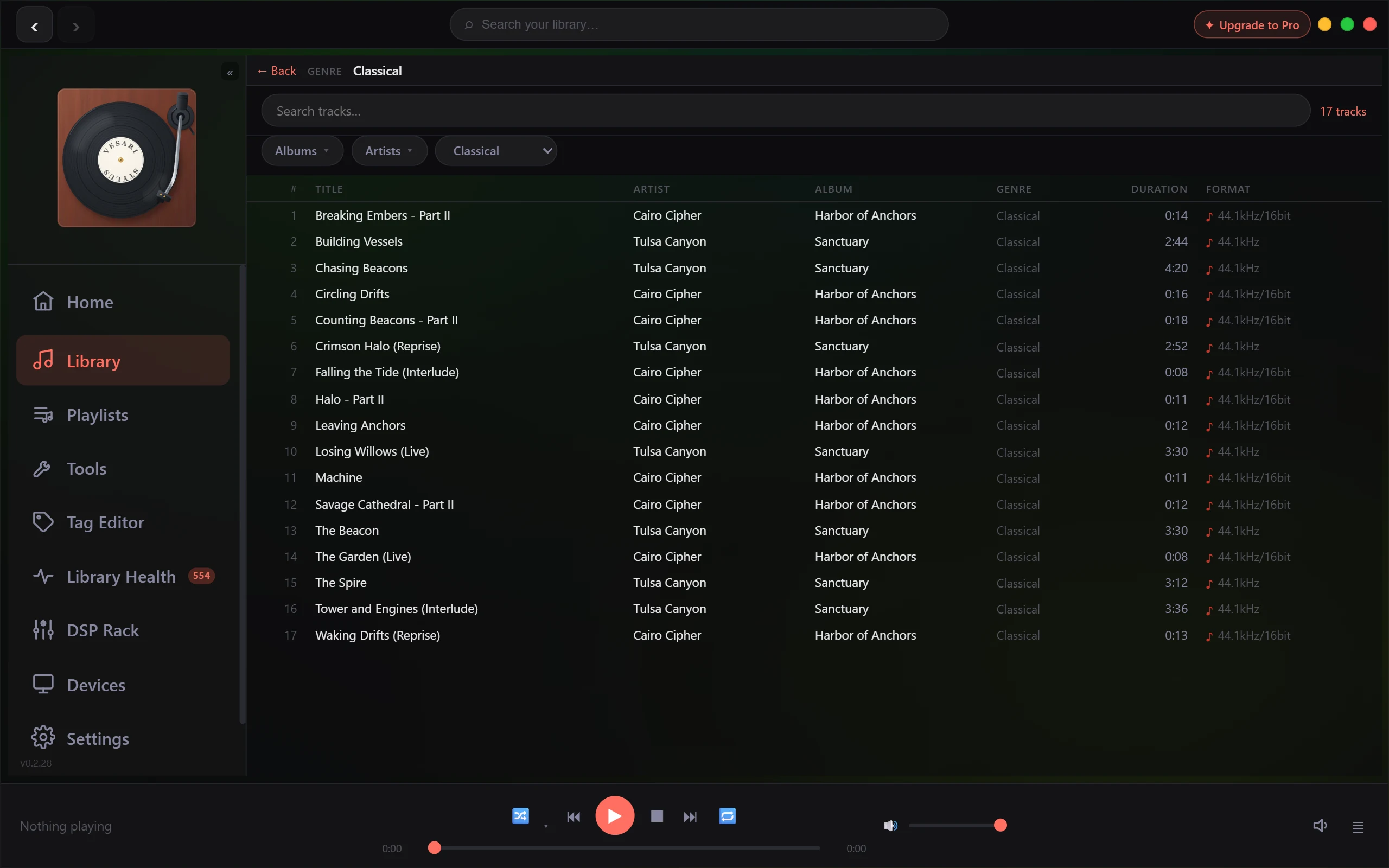 The Library page with a genre filter applied: the Genres control reads Classical, a Genre breadcrumb sits above the Search tracks box, and the count on the right has dropped to 17 tracks.
