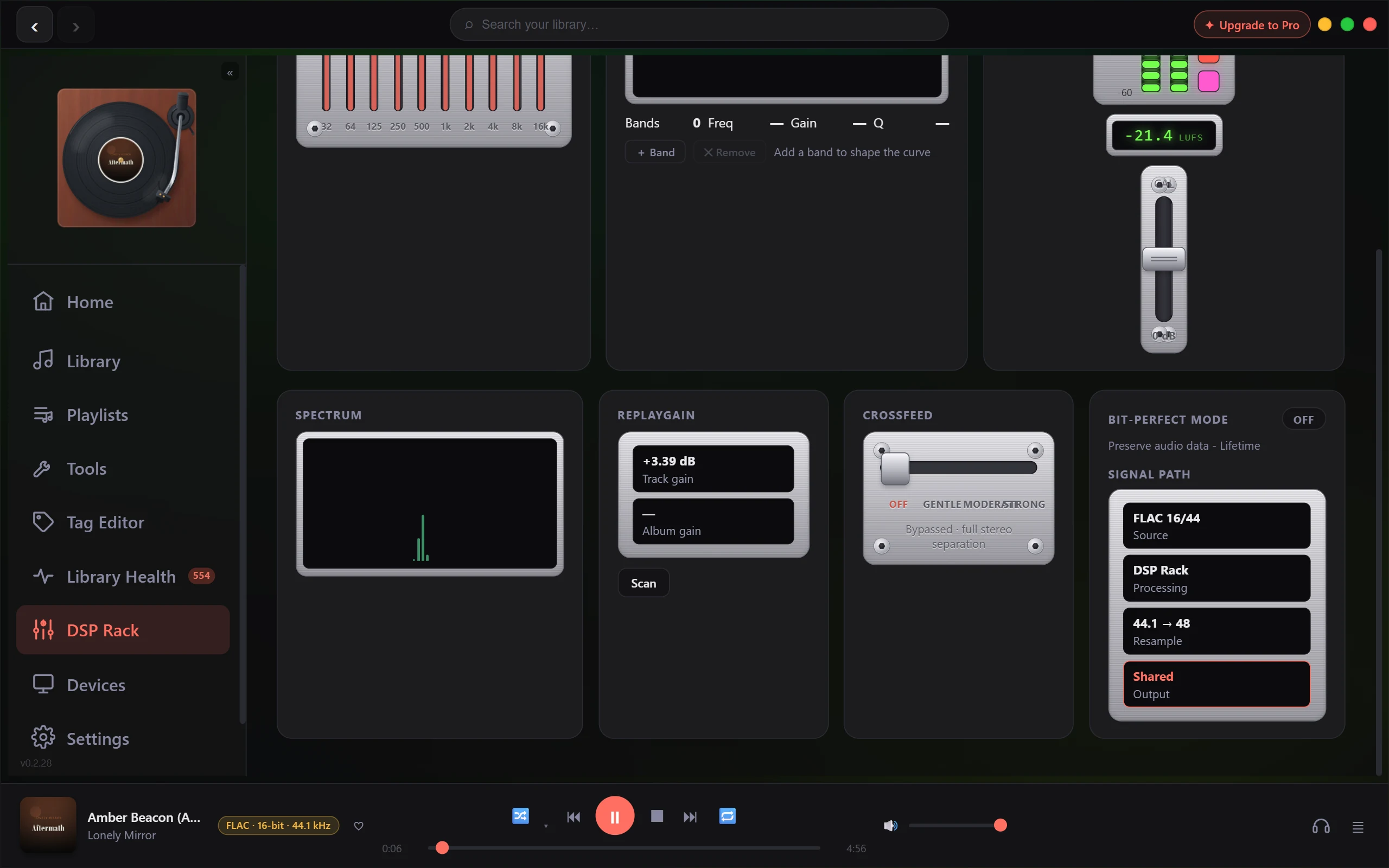 The DSP Rack showing the Signal Path readout, which traces the audio from the source file through each processing stage to the output device.