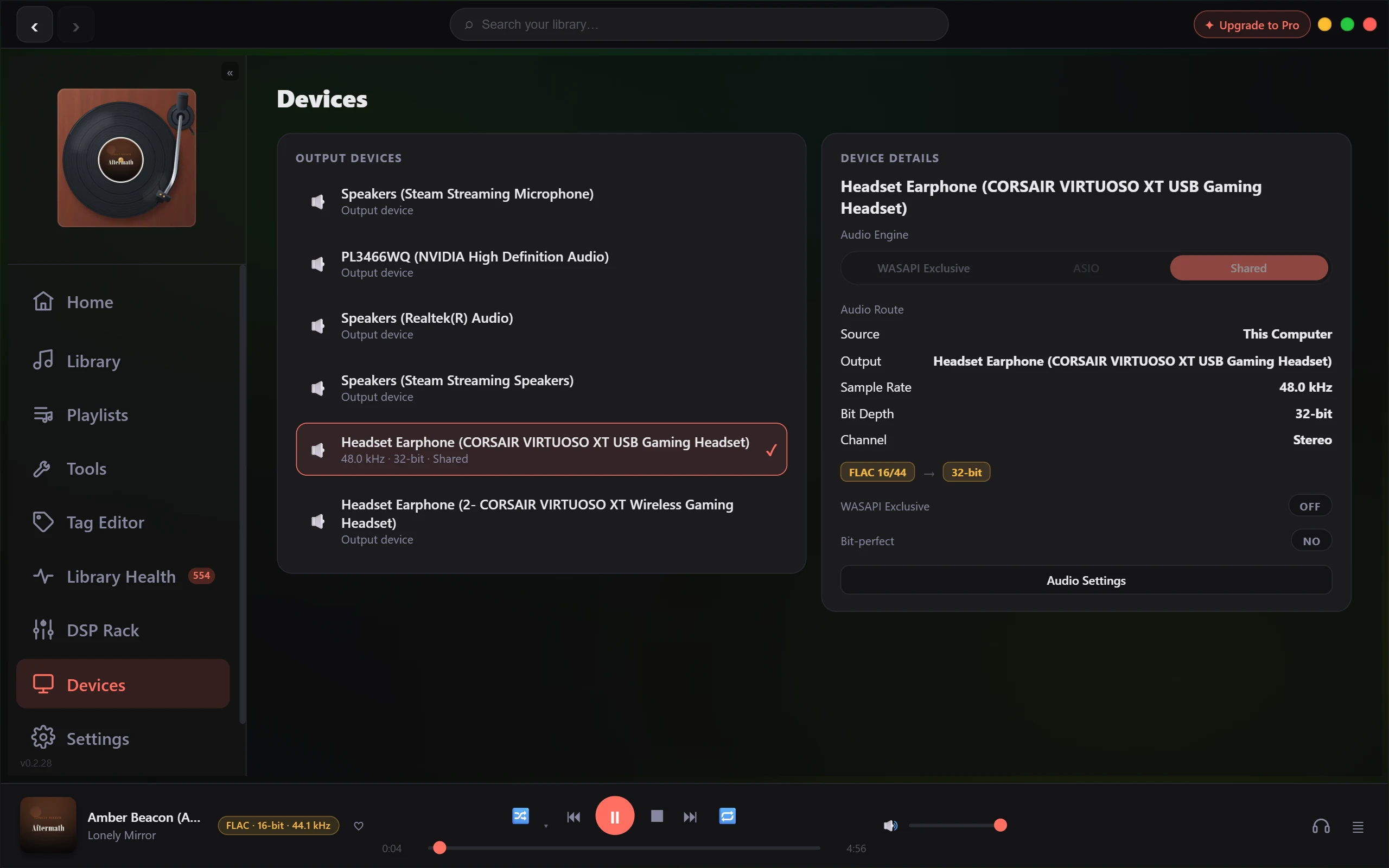 The Devices page, listing the output devices Windows currently reports on the left and the Device Details panel on the right.