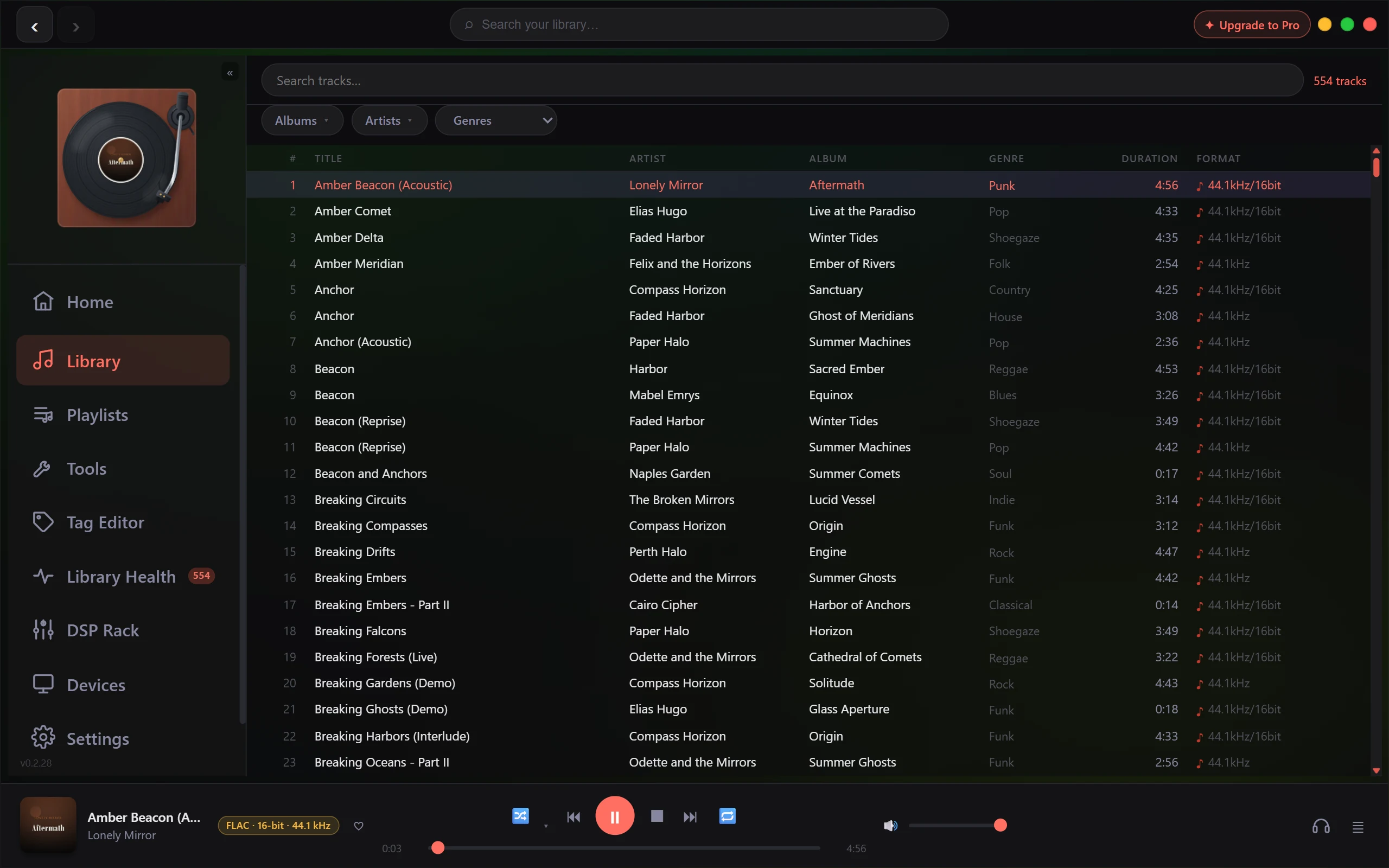 The player bar along the bottom of the window, showing cover art, track title and artist on the left, transport controls in the middle, and volume and queue controls on the right.