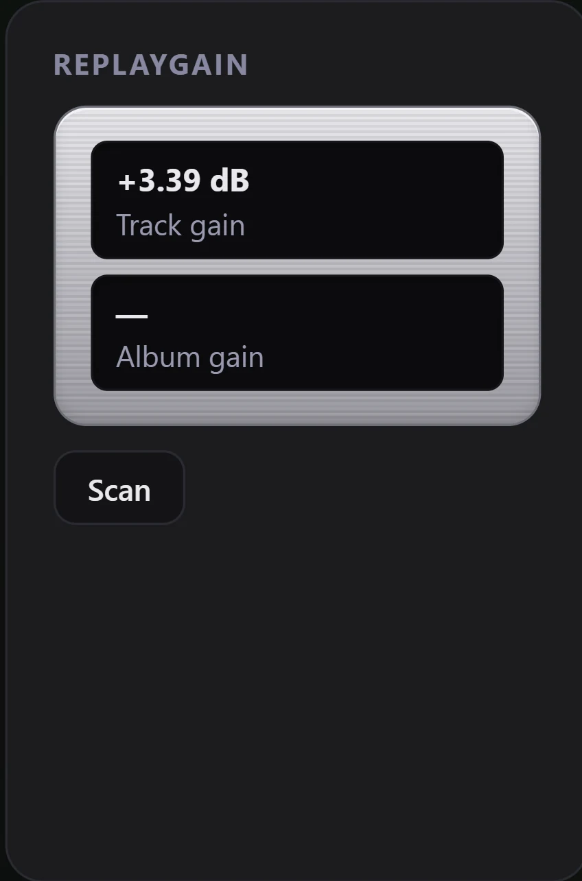 The ReplayGain panel in DSP Rack. The Track gain window reads +3.39 dB. Below it, the Album gain window shows only a dash. A Scan button sits under the readout plate.