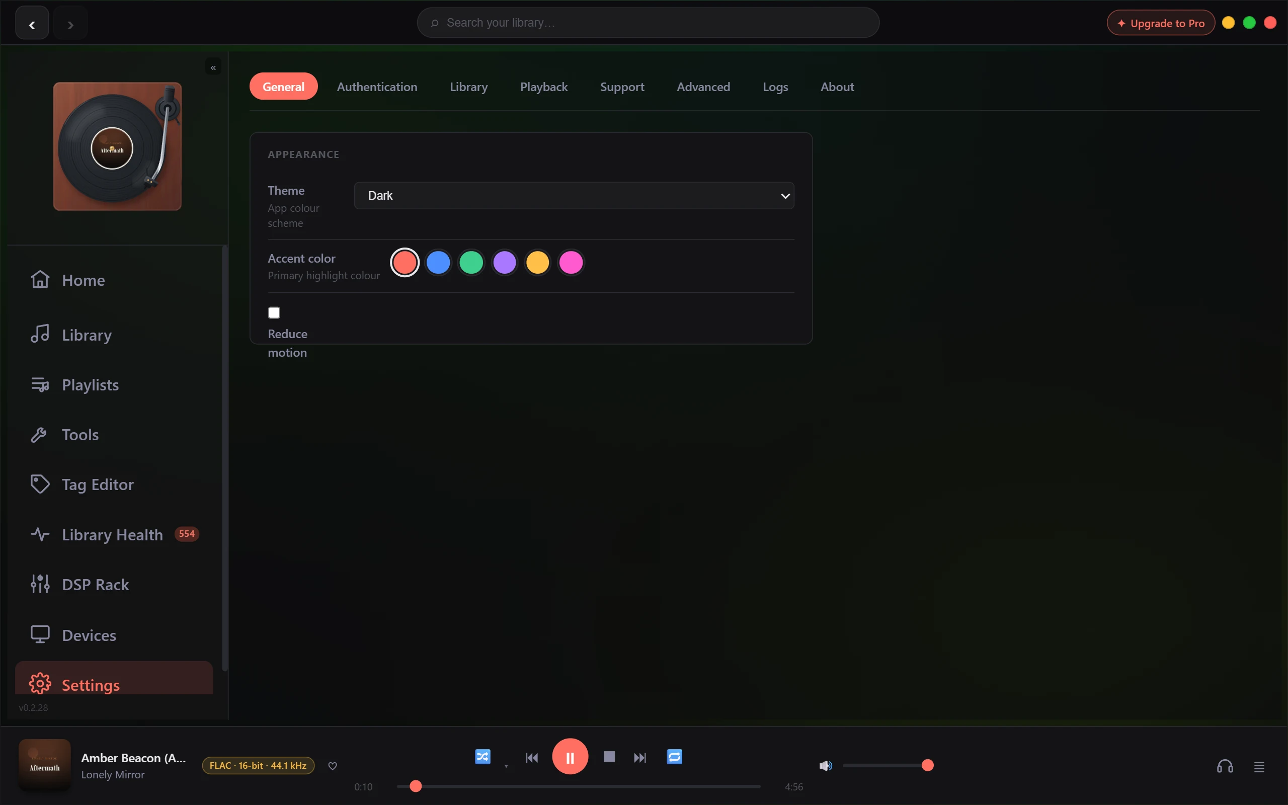 The Settings window open on the General tab, with the tab row across the top and the appearance controls below it.