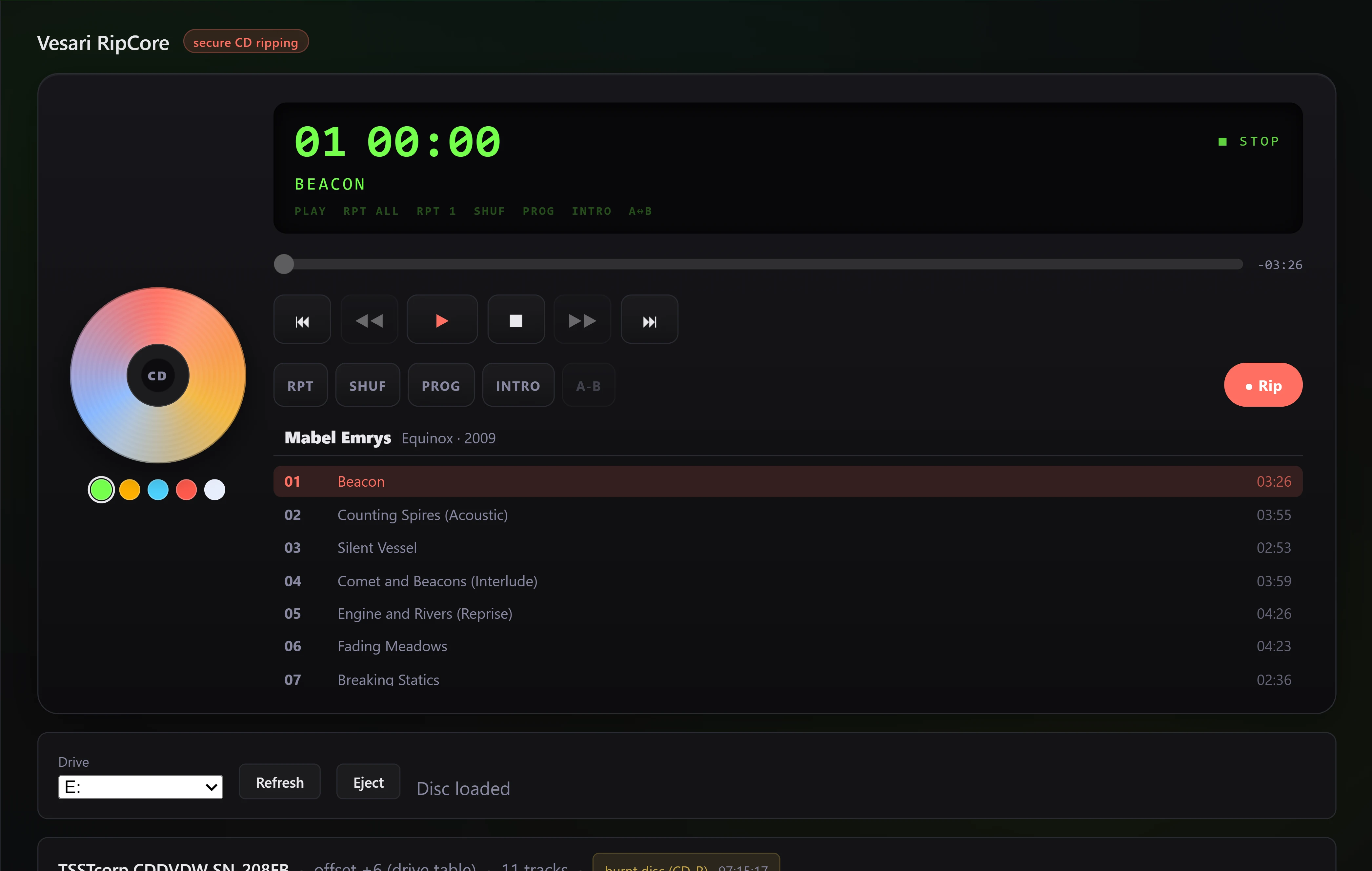 The top of the RipCore page with a disc loaded and identified. The deck readout shows 01 00:00 above the track name BEACON, with STOP lit at the right and the row of mode words below it unlit. Under the readout sit the seek bar at the start, six transport buttons, the RPT, SHUF, PROG, INTRO and A-B mode buttons, and a Rip button at the right, with the disc graphic and five display colour dots on the left. The track list is headed Mabel Emrys, Equinox, 2009 and runs from 01 Beacon, highlighted, down to 07, each track with its length. Below the panel a drive bar reads Drive E: with Refresh, Eject and the words Disc loaded, and a drive line along the bottom edge, cut off by the frame, gives the drive model, offset +6 (drive table), 11 tracks and a burnt disc (CD-R).