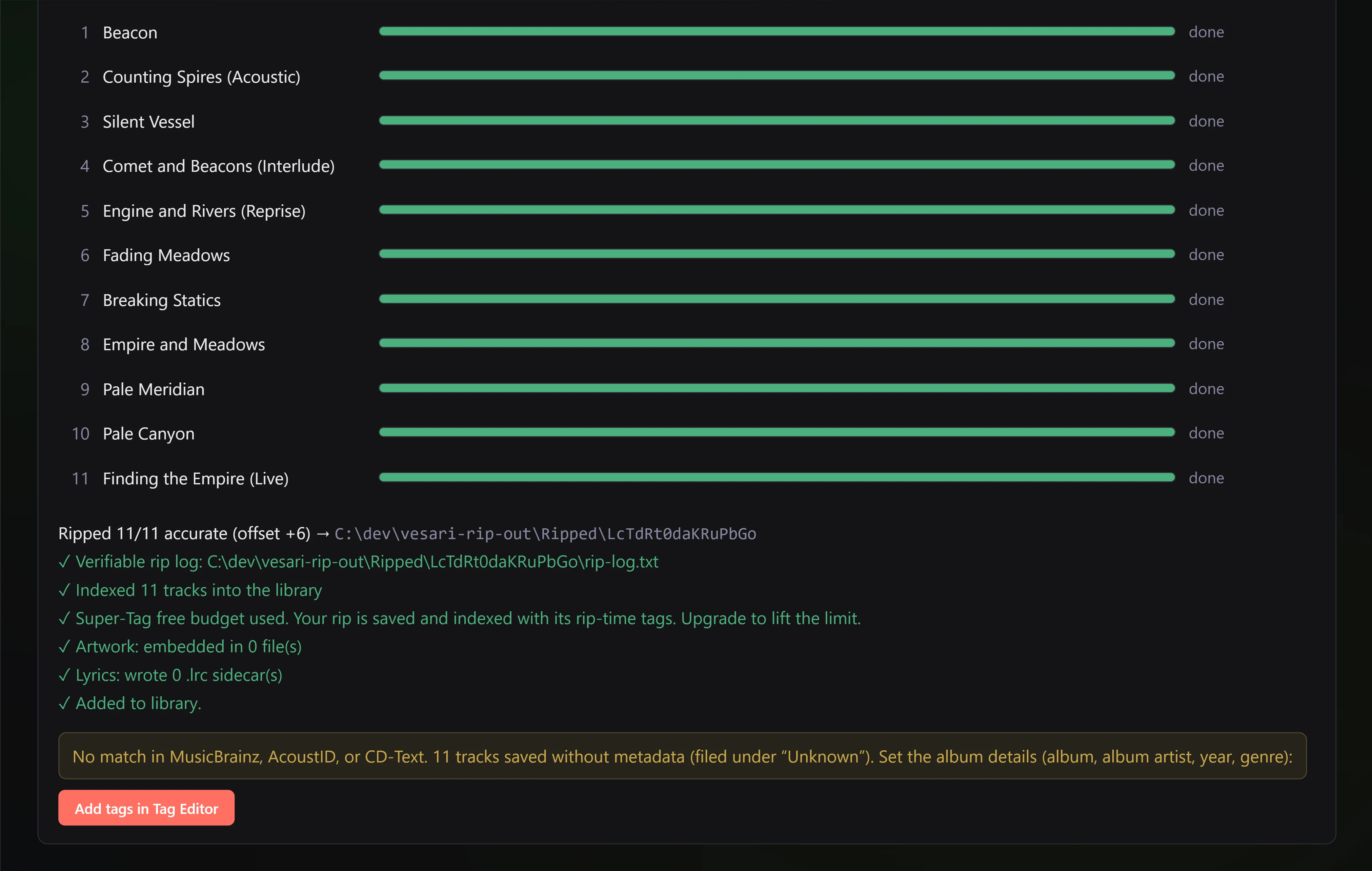 The end of a rip in RipCore. Eleven tracks are listed, each with a full green bar and the word done beside it. Under them a line reads Ripped 11/11 accurate, with the read offset and the folder the tracks were saved to. A list of ticks follows: a verifiable rip log and where it was written, eleven tracks indexed into the library, a note that the free Super-Tag budget is used so the rip keeps its rip-time tags, no artwork embedded, no lyrics written, and added to library. A panel underneath says nothing matched in MusicBrainz, AcoustID or CD-Text, so the tracks were filed under Unknown, beside a button reading Add tags in Tag Editor.