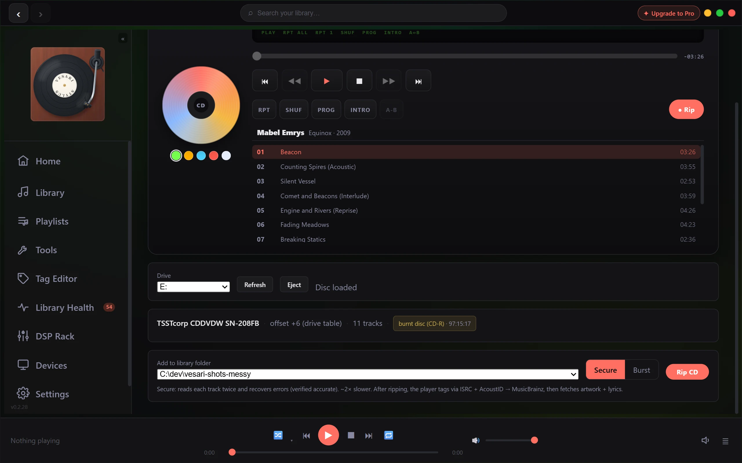 The Vesari RipCore page. The Drive picker reads E:, with Refresh and Eject beside it and the status line reading Disc loaded. Below sits the drive readout: the drive model, offset +6 (drive table), 11 tracks, and burnt disc (CD-R). At the foot, Add to library folder holds a folder path, the switch beside it is set to Secure rather than Burst, and Rip CD is at the right. Above all of it the deck lists the identified album, Mabel Emrys, Equinox.