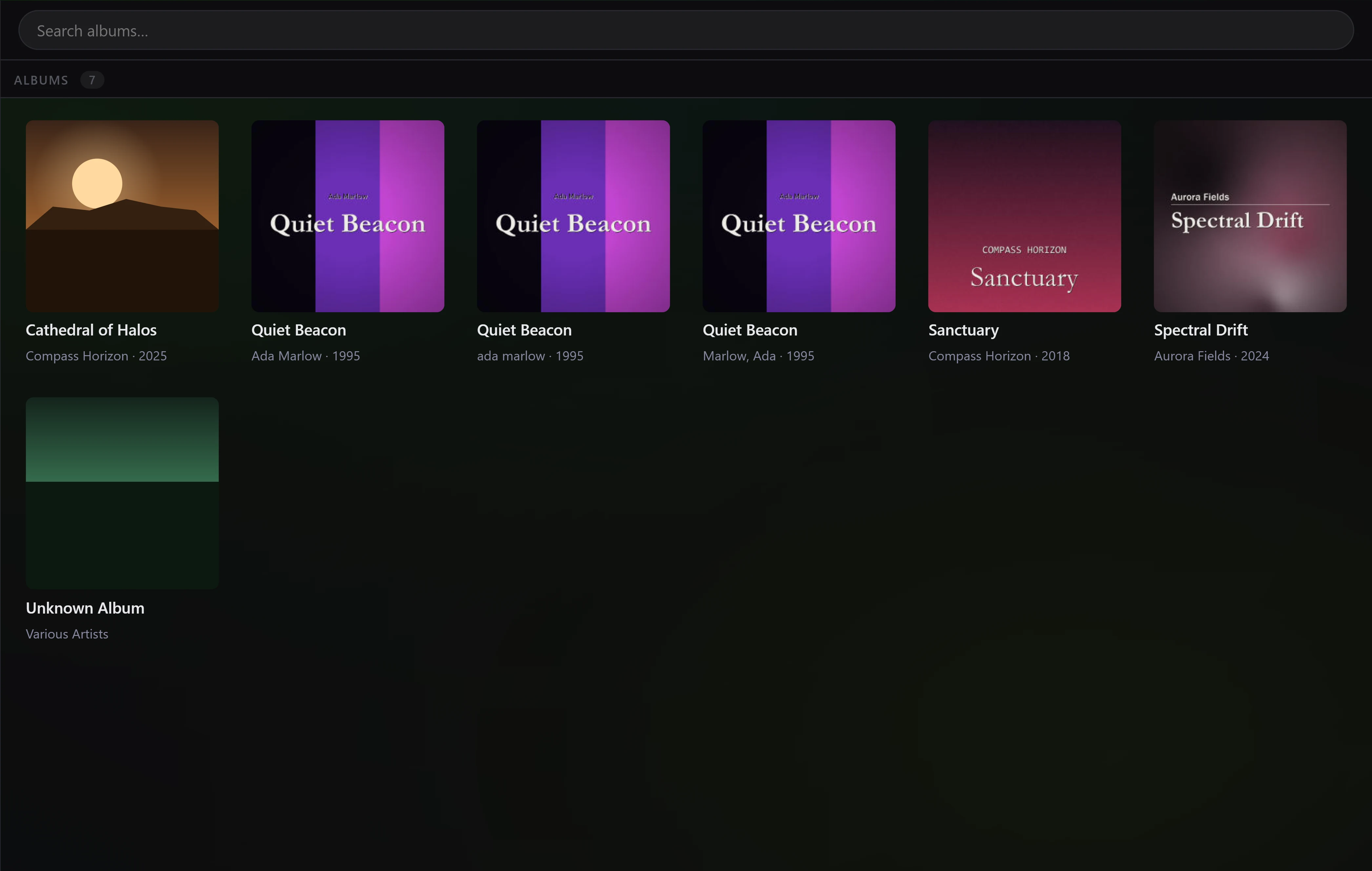 The Albums grid, seven tiles under a header reading ALBUMS 7. Three of them sit side by side, all titled Quiet Beacon, all carrying the same purple cover and the year 1995, but their artist lines read Ada Marlow, then ada marlow in lower case, then Marlow, Ada. The other tiles are Cathedral of Halos, Sanctuary, Spectral Drift, and Unknown Album by Various Artists.