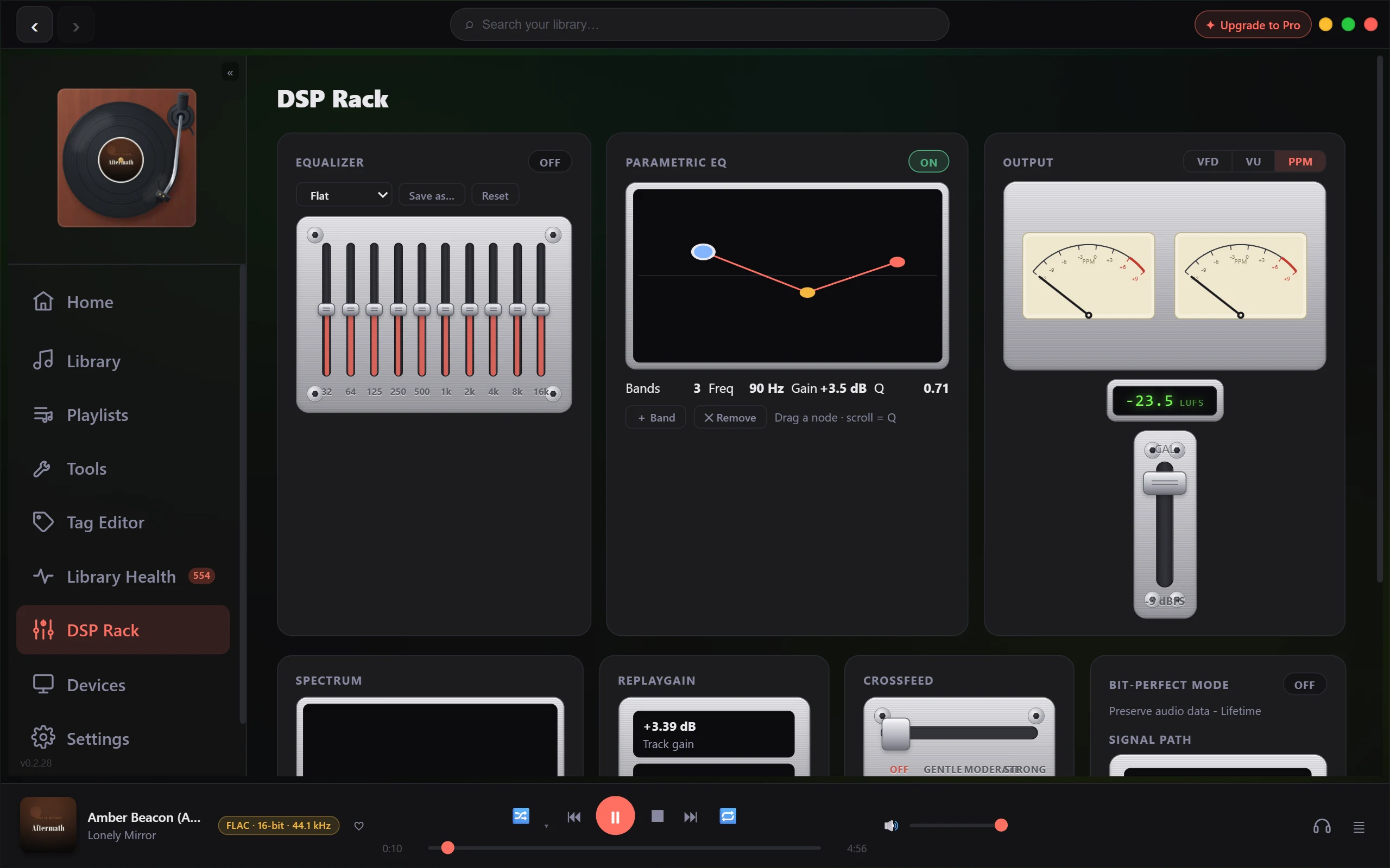 DSP Rack with a three band parametric EQ curve, a ten band graphic equalizer and PPM output meters with a LUFS readout