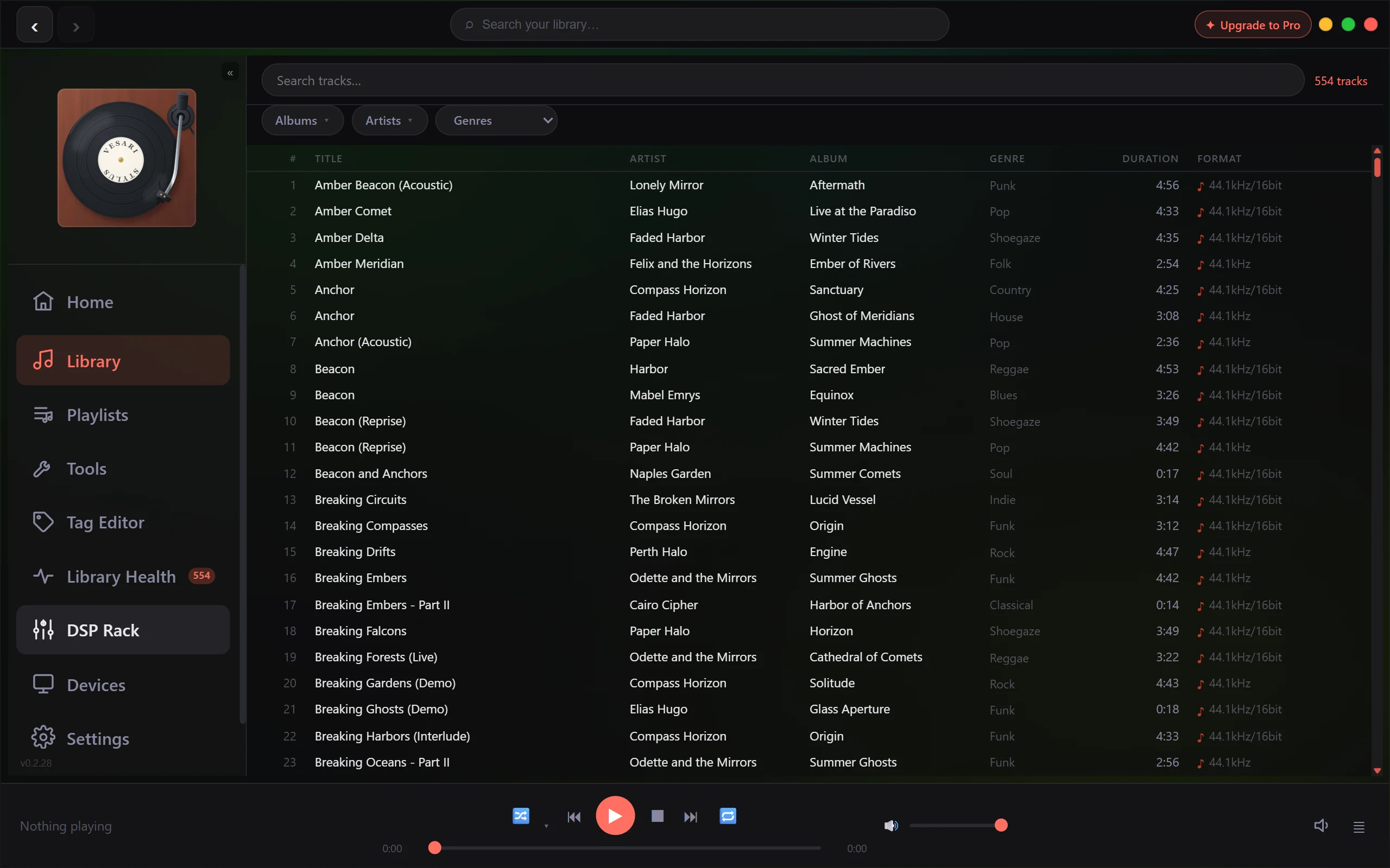 Track list view showing hundreds of tracks with sortable columns for title, artist, album and format